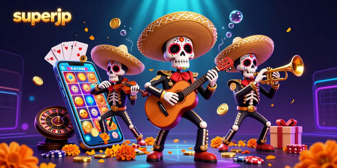 Join the vibrant superjp mariachi band in a thrilling casino scene featuring slot games and golden coins.