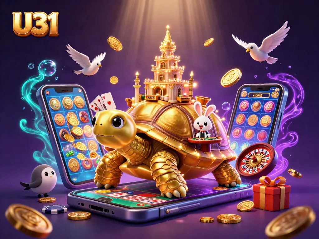Experience the thrill of U31 casino with a vibrant 3D illustration featuring a tortoise casino and animated game elements.