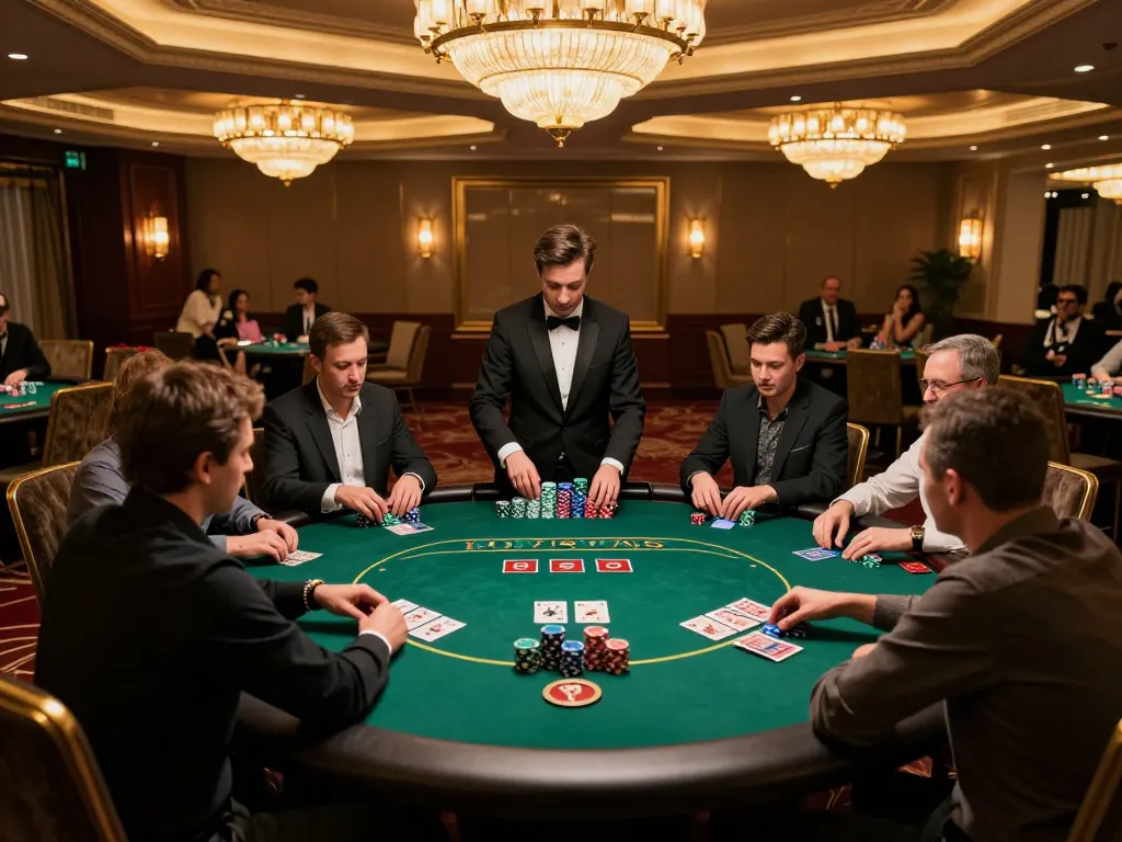 SC88 players strategizing at a high-stakes poker table in an upscale casino, showcasing dynamic gameplay.