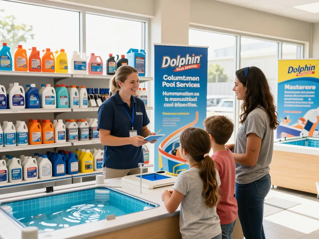 Dolphin Pool Services team providing expert assistance in a bright showroom showcasing pool maintenance supplies.