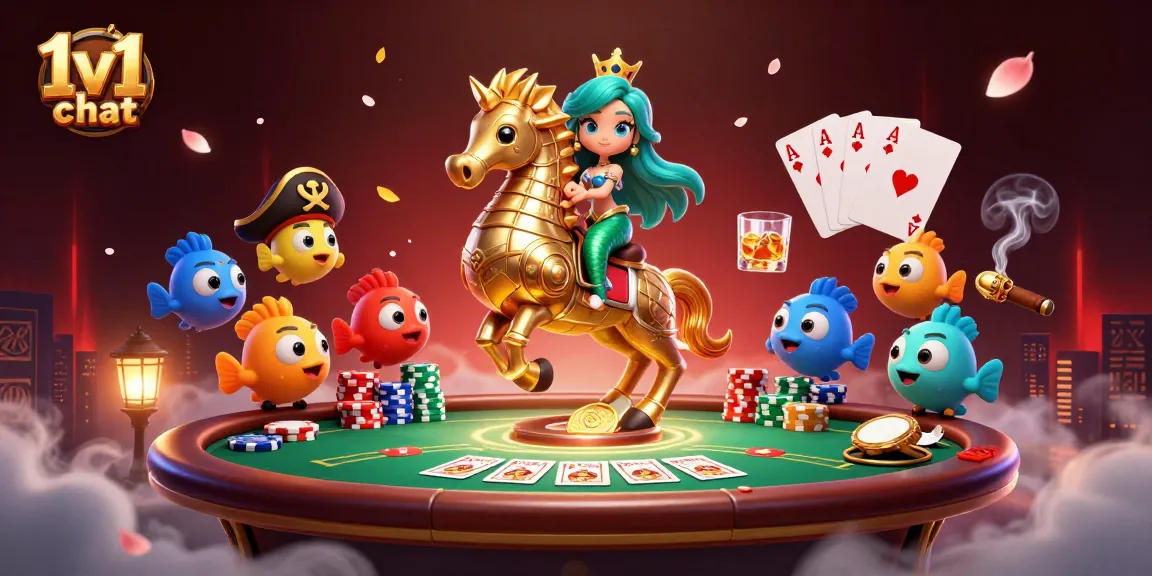 Engage in exciting 1v1 chat with colorful animated characters at a vibrant poker table.