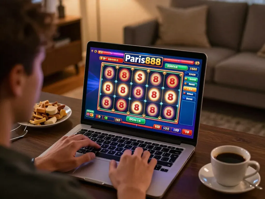 Experience thrilling gameplay with Paris888 online slots in a cozy home setting, enjoying strategic bets.