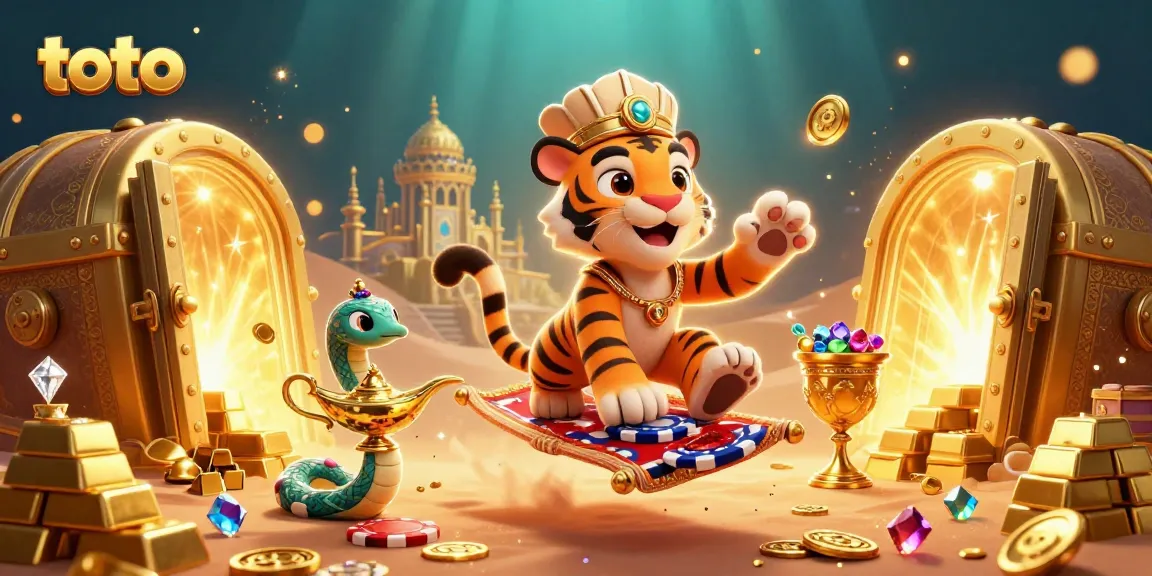 Experience thrills with toto in a vibrant casino-themed 3D scene filled with treasures.