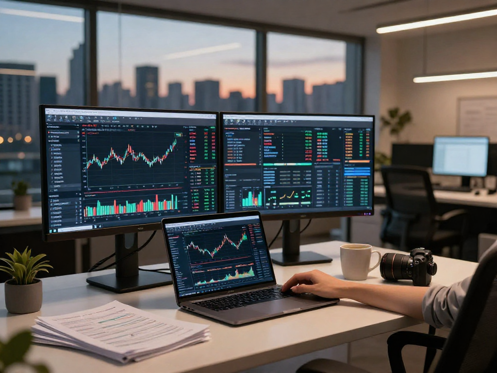 German algo trading stock API utilized by a data scientist in a modern workspace analyzing real-time market trends with sophisticated trading tools.