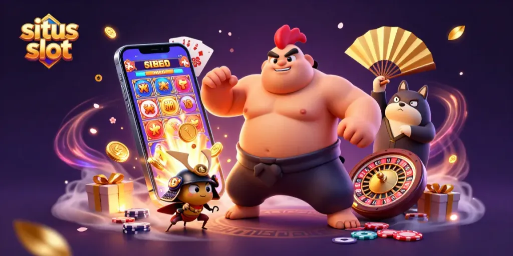 Situs slot scene with a cartoon rooster wrestler, samurai cricket, and tanuki announcer amidst casino elements, depicting excitement and action.