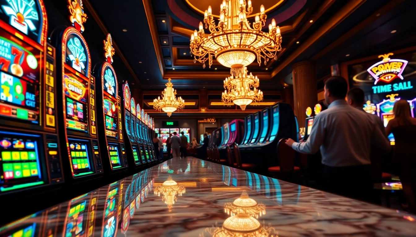 Spiele den casino bonus ohne einzahlung neu in einem glamourösen Casino mit glänzenden Spielautomaten.