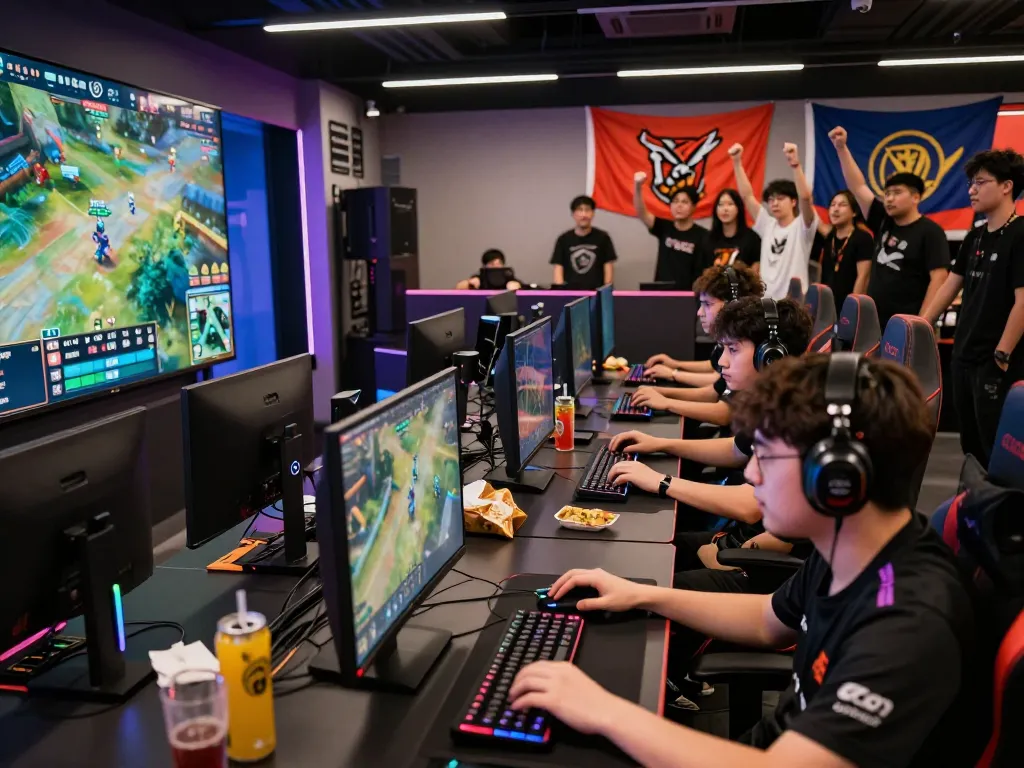 Bắn cá hubet88 gaming tournament atmosphere with players and cheering fans.