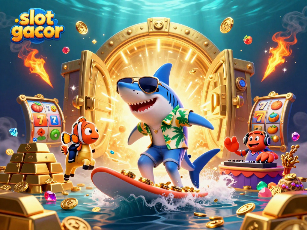 Engage with slot gacor excitement as a shark surfs coins, symbolizing jackpots.