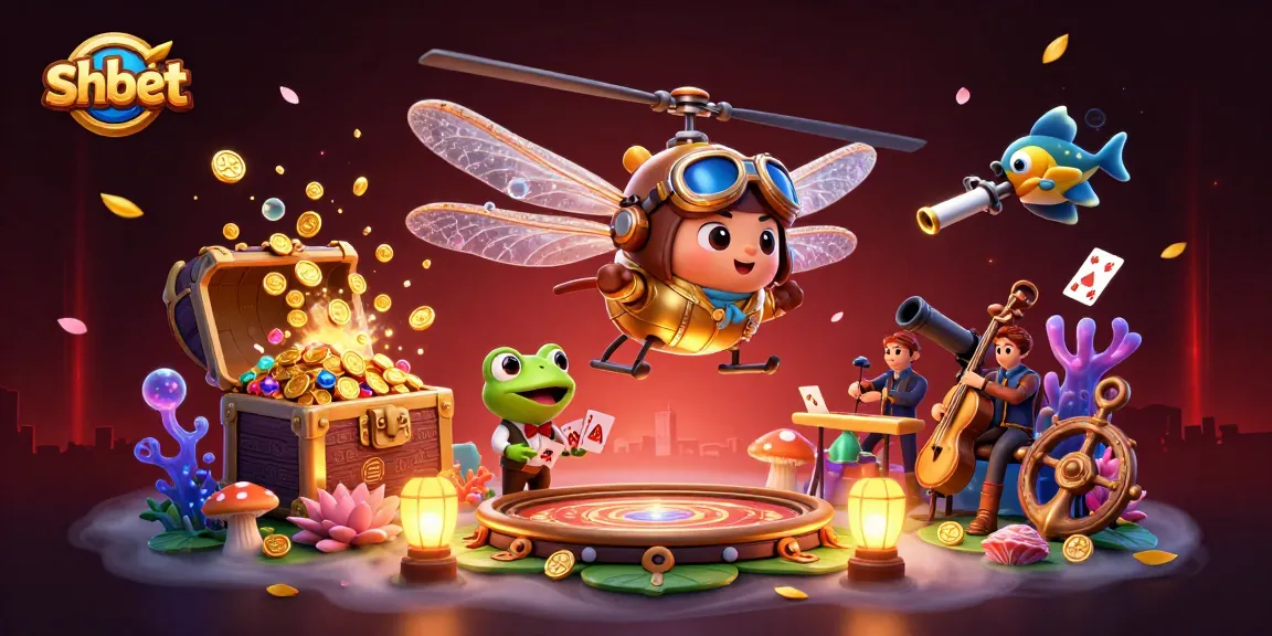 Experience shbet action with a vibrant 3D casino scene featuring a dragonfly pilot and a frog croupier.