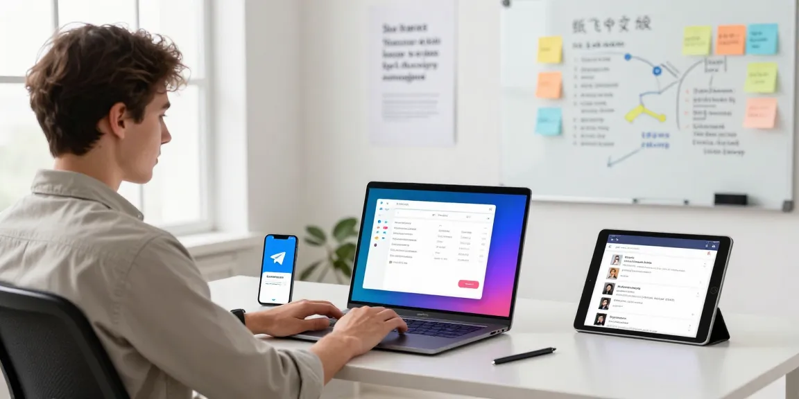 Young professional using the 纸飞机中文版 app in a modern tech workspace, showcasing productivity and organization.