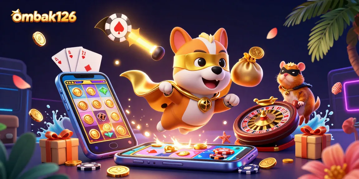 Ombak126 showcases a superhero dog and hamster in a vibrant 3D casino adventure