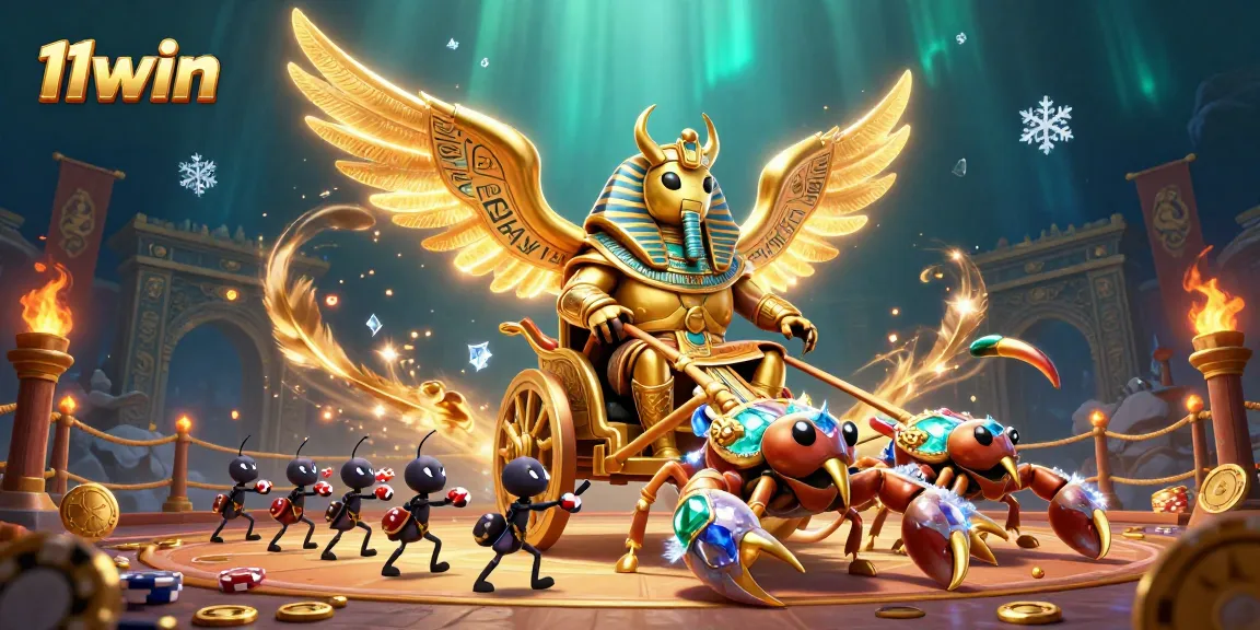 Experience thrilling casino action with 11win's vibrant scene featuring a golden scarab and poker chips.
