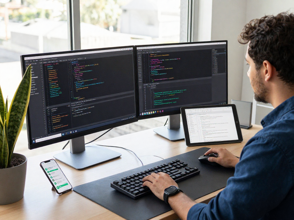 Developer coding effortlessly on dual monitors for rokok88, showcasing advanced tech productivity in a modern office.