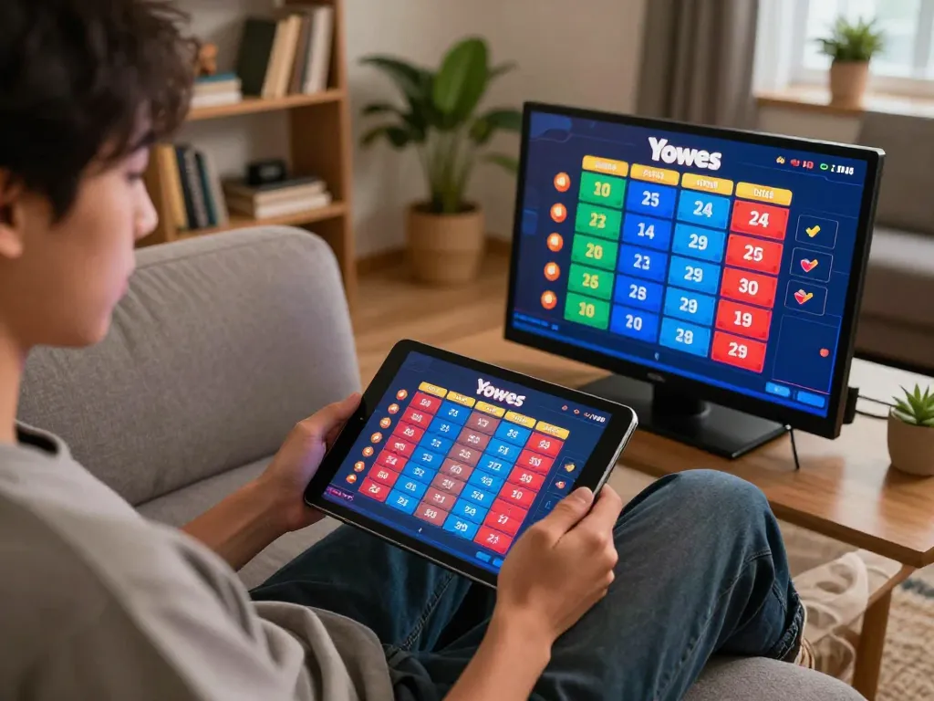 Engaging in Yowes Togel gaming, a player follows colorful betting options on a tablet.