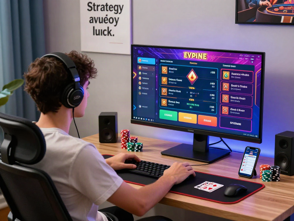 Engaging online gambling setup showcasing bro138 link alternatif on screen, poker chips and cards nearby.