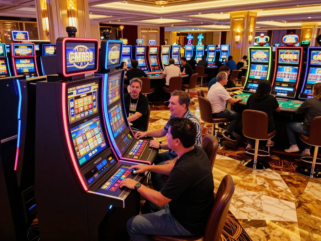 CM88 players enjoying vibrant slot machines in an exciting casino atmosphere