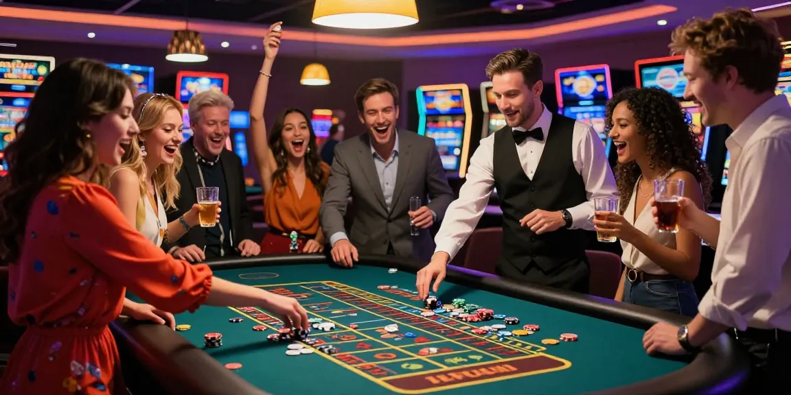 Friends celebrating at a casino while playing rokok88, vibrant atmosphere of excitement and joy.