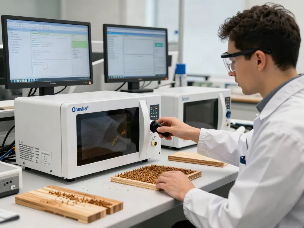 Shashel® technician demonstrating eco-friendly woodworm elimination process using microwave technology in a modern workspace.