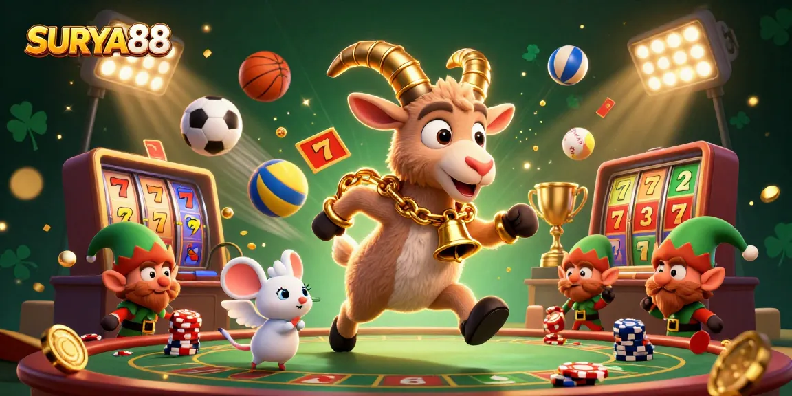 SURYA88 showcases a whimsical holiday-horror casino scene with characters and exciting slot elements.