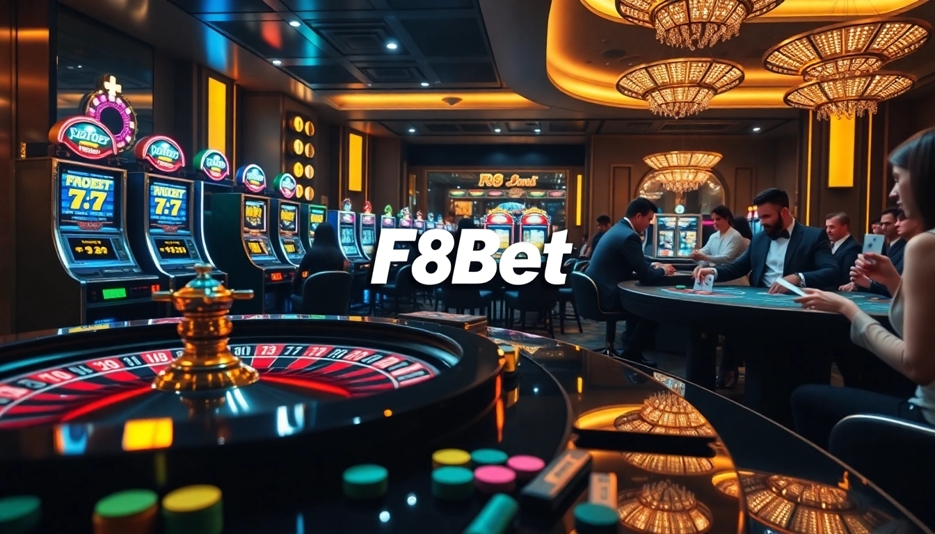 F8Bet players enjoying thrilling casino games in a luxurious setting, showcasing excitement and strategy.
