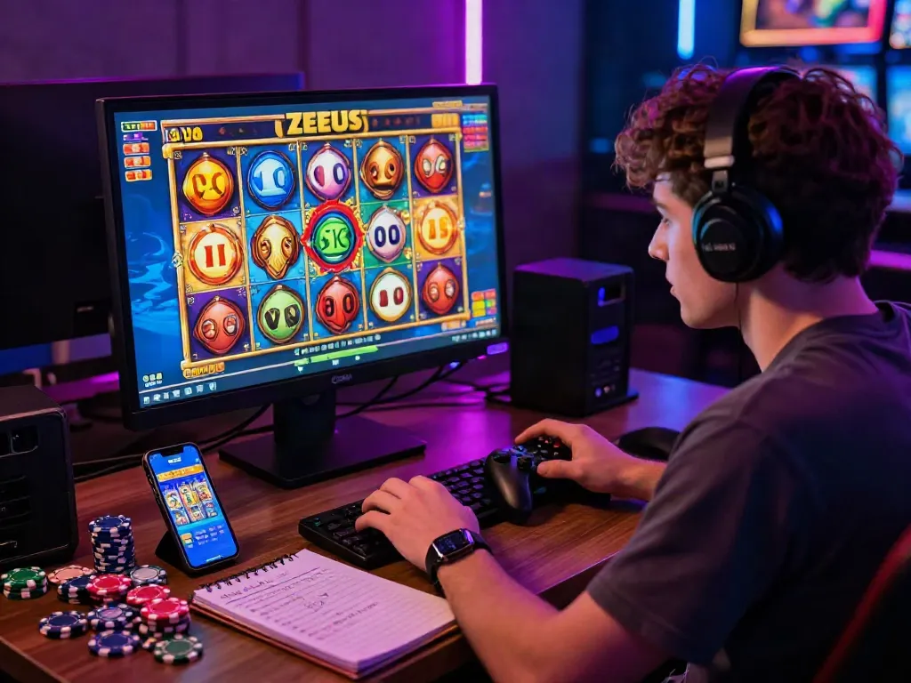 Pengguna bermain slot zeus online dengan penuh semangat, dikelilingi peralatan permainan dan lampu neon.