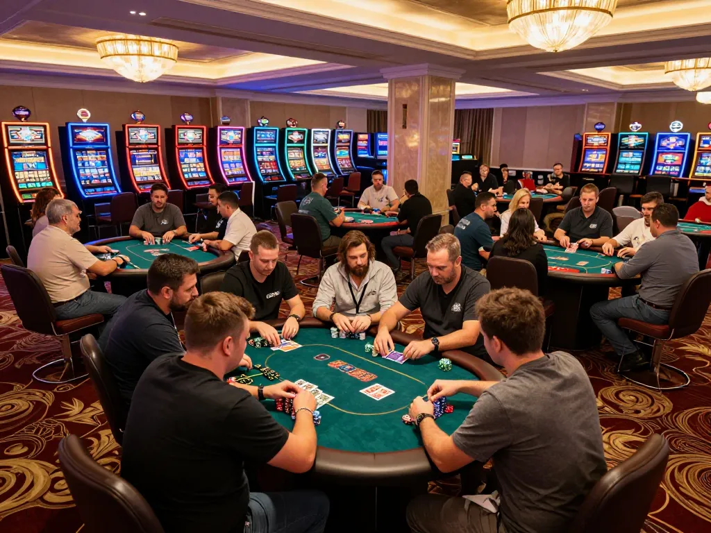Players engaged in strategy at SC88 nhà cái poker table with vibrant casino atmosphere.