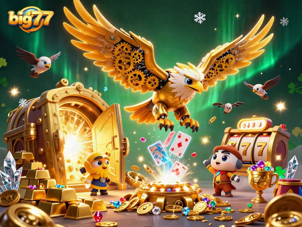 Experience big777 excitement with a golden eagle diving into a jackpot-filled casino scene.