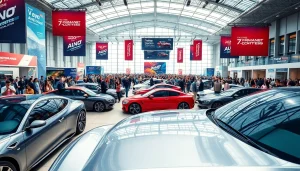 View of the Auto Cars Show showcasing sleek vehicles and a vibrant crowd at a bustling exhibition center.