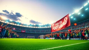 스포츠중계의 생동감을 느끼는 관중과 축구 경기 장면