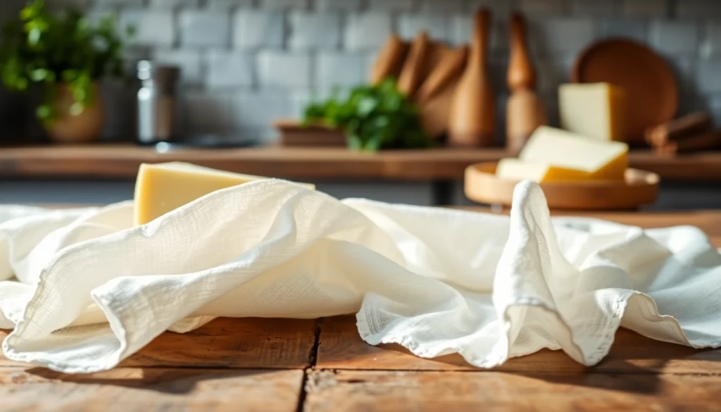 Kaasdoek op een rustieke tafel, laat de fijne textuur en de natuurlijke sfeer zien.