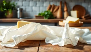 Kaasdoek op een rustieke tafel, laat de fijne textuur en de natuurlijke sfeer zien.