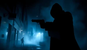 Action-packed moment in Contracts and Bullets, showcasing an assassin faced with a critical decision.