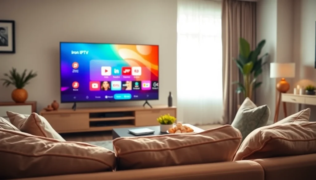 Enhance your entertainment experience with iron IPTV displayed in a cozy living room setting.