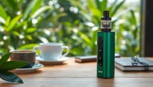 Verwenden Sie Oxva in einer stilvollen Vape-Einstellung mit frischen Pflanzen.