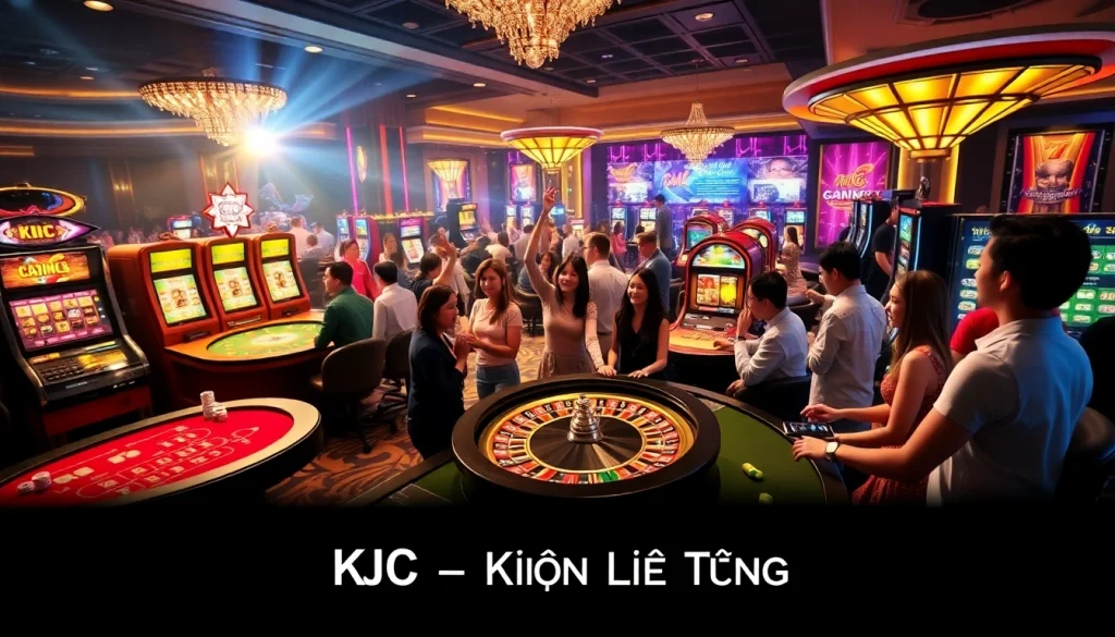 Casino tables filled with poker chips and players enjoying games at KJC AC 3, creating an unforgettable gambling atmosphere.