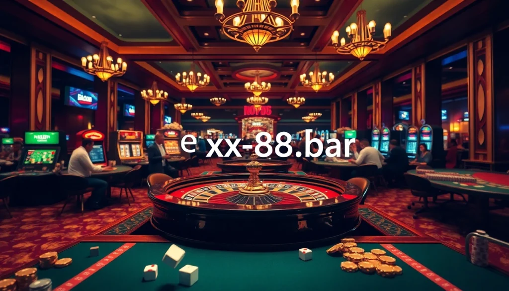 Discover thrilling gambling experiences with an exciting roulette table scene at https://xx88.bar/, showcasing vibrant players and iconic casino elements.