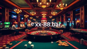 Discover thrilling gambling experiences with an exciting roulette table scene at https://xx88.bar/, showcasing vibrant players and iconic casino elements.