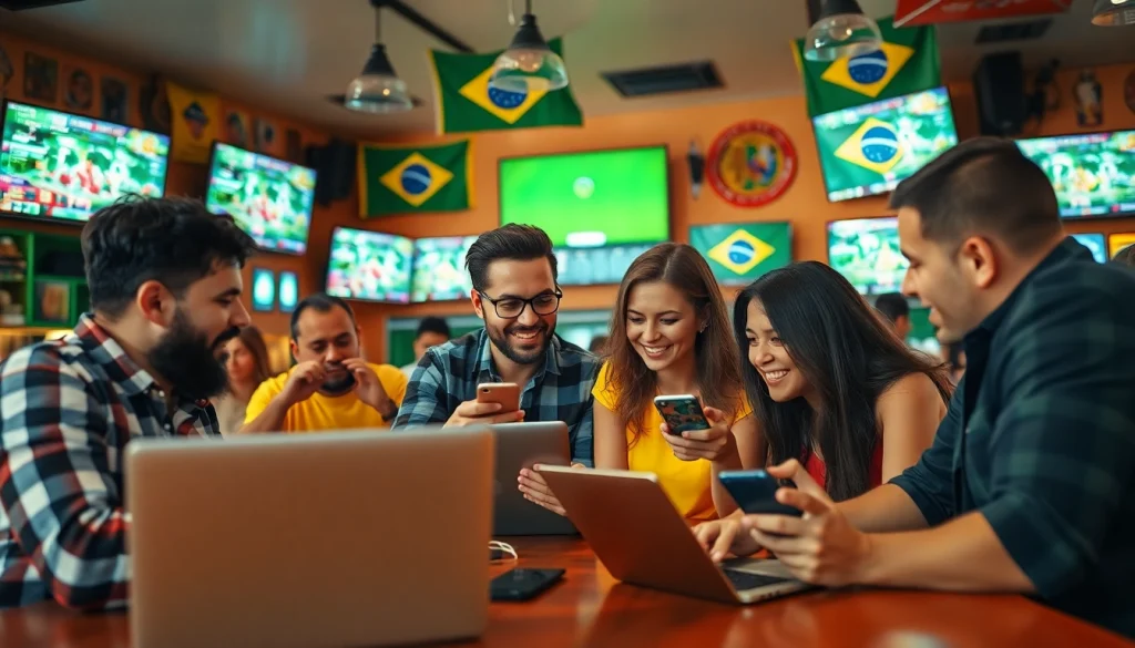 Engaged bettors enjoying the best sports betting sites in Brazil in a lively sports bar atmosphere.