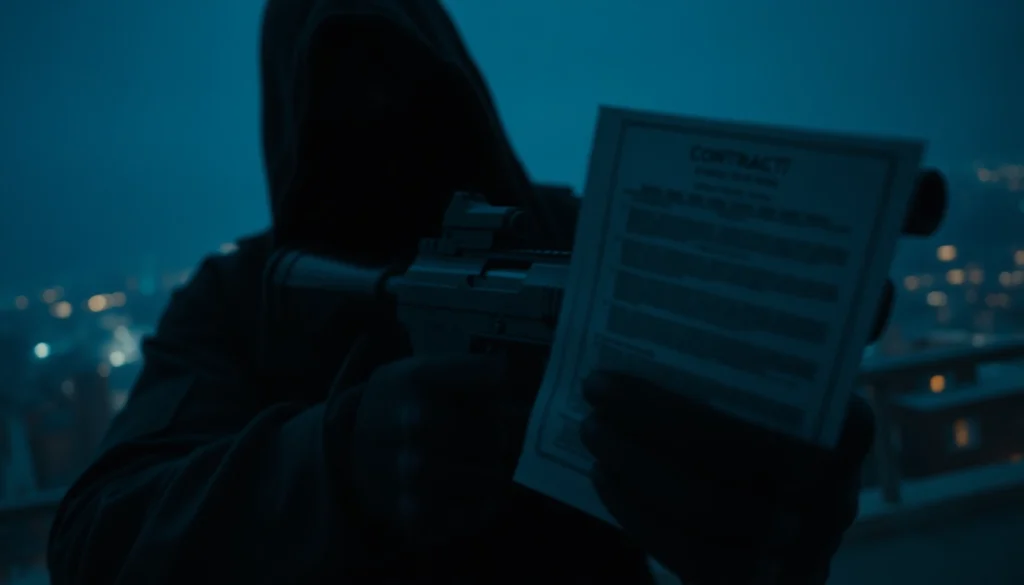 assassin holding a contract and weapon in dark urban setting, highlighting Contracts and Bullets