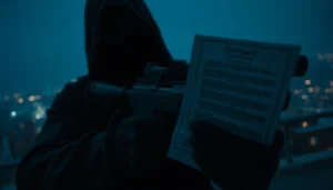 assassin holding a contract and weapon in dark urban setting, highlighting Contracts and Bullets