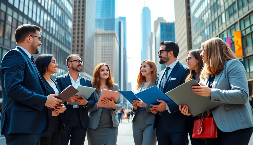 Showcase free job post chicago in an engaging urban setting with diverse job seekers discussing opportunities.