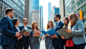 Showcase free job post chicago in an engaging urban setting with diverse job seekers discussing opportunities.