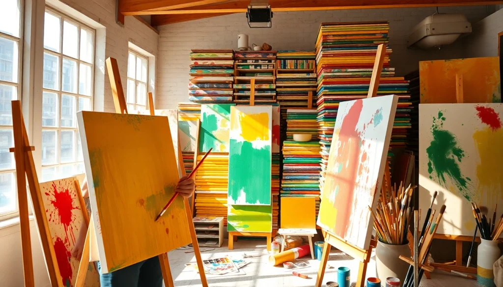 Canvas painting with vibrant colors and an artist in a bright studio setting