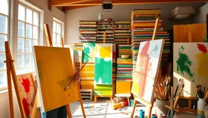 Canvas painting with vibrant colors and an artist in a bright studio setting