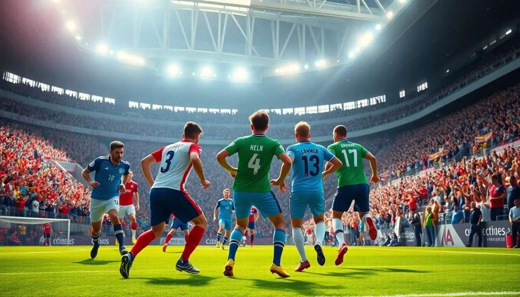 축구중계 중 활발한 경기를 펼치는 선수들의 모습과 열광하는 관중.