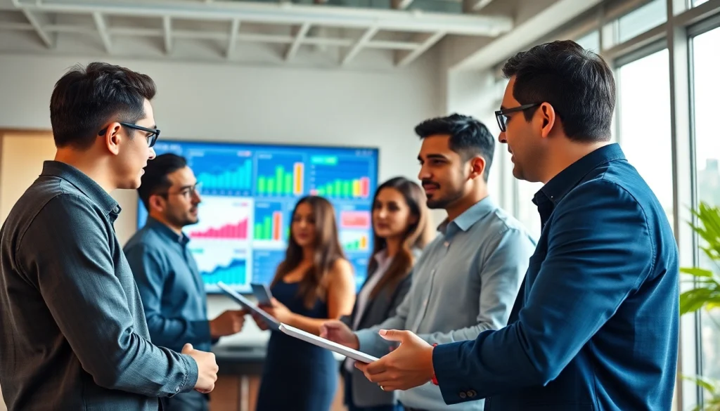 Analyze seo malaysia price trends with a diverse team in a modern office environment.