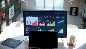 Engaging dashboard showcasing a youtube smm panel with analytics and charts in a professional office.