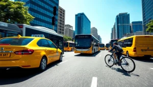 Transportation scene showcasing a bustling urban street with taxis, buses, and bicycles illustrating city mobility.