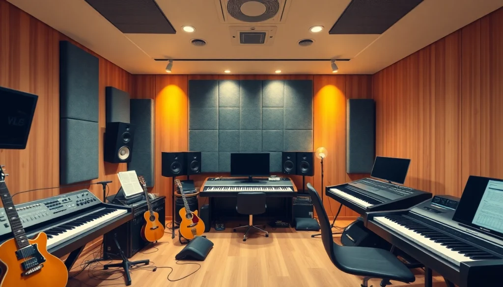 A vibrant music studio featuring useful music solutions, showcasing instruments and technology.