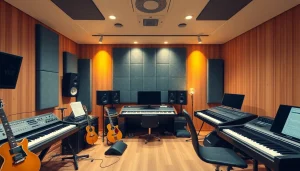 A vibrant music studio featuring useful music solutions, showcasing instruments and technology.